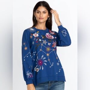 Johnny Was Celestin Embroidered Sweatshirt Blue Floral Constellation Small